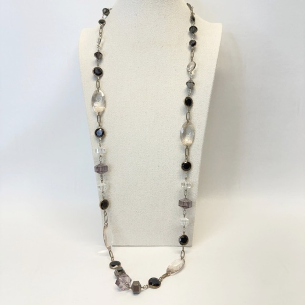 Faceted Glass‎ Bead Station Necklace Long Length Quartz Gold Tone Chain